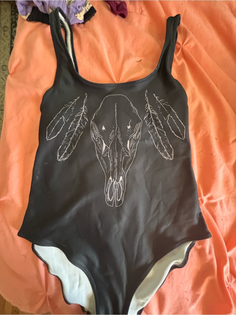 Black Kids One-Piece Swimsuit with Skull and Feather Graphic